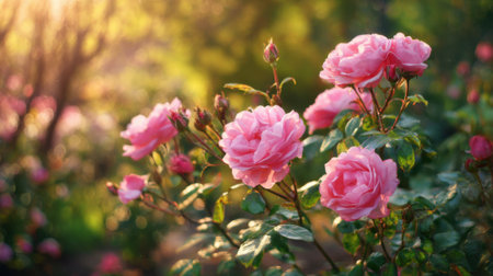 Vibrant pink roses are blooming in a lush garden as the sun sets casting a warm glow. The gentle breeze makes the flowers sway softly enhancing their beauty.の素材