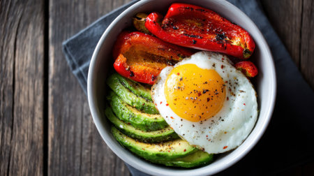 A colorful breakfast bowl features sliced avocado roasted red bell peppers and a sunny side up egg beautifully arranged. The setting is cozy with wooden textures and soft lighting.の素材