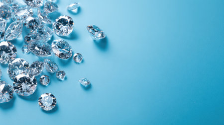 A collection of sparkling diamonds lies scattered on a smooth blue surface. The gems reflect light beautifully highlighting their clarity and cut.の素材