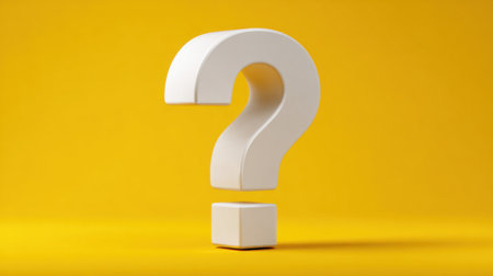A white question mark floats above a small cube against a vibrant yellow backdrop. This design evokes thoughts of inquiry creativity and exploration.の素材