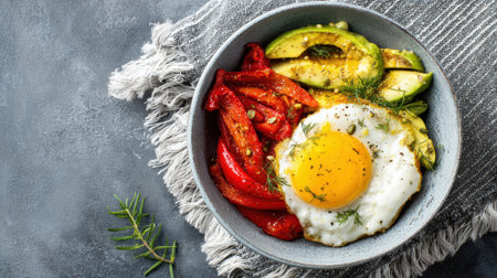 A colorful breakfast bowl showcases creamy avocado sweet roasted red peppers and a perfectly cooked sunny-side-up egg inviting you to enjoy a healthy start to your day.の素材