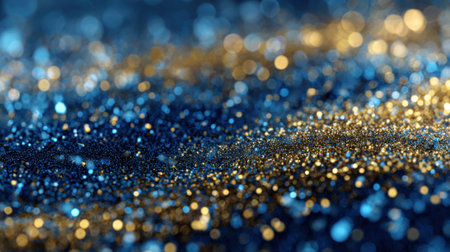 Colorful blue and gold glitter covers a surface reflecting light and creating a vibrant festive atmosphere perfect for celebrations or artistic projects.の素材