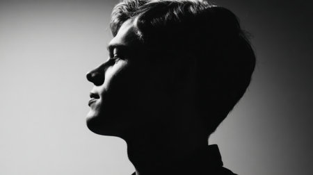 A young man stands in profile with a serene expression on his face. The lighting highlights his silhouette against a plain backdrop creating a striking visual contrast.の素材