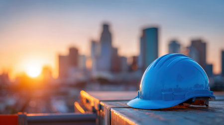 A blue hard hat rests on a crate at a construction site during sunset. The city skyline is visible in the background illuminated by the warm evening light.の素材