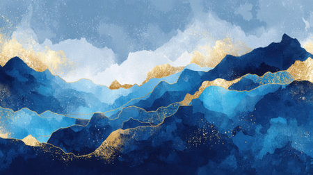 Layers of mountains rise in rich blues accented with shimmering gold. The scene captures a peaceful atmosphere perfect for inspiring creativity and calm.の素材