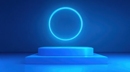 A futuristic blue platform sits in a dim area featuring a glowing circular light above it. This setup creates a striking visual perfect for presentations or art displays.の素材