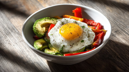 A bowl contains scrambled eggs topped with a sunny-side-up egg nestled among vibrant zucchini bell peppers and spices. This dish is perfect for breakfast or brunch.の素材