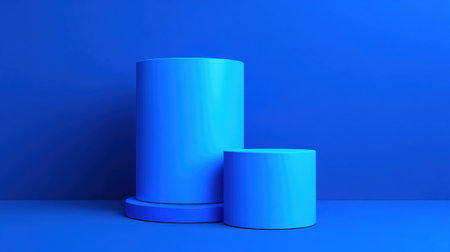 Two geometric shapes in bright blue stand on a matching background showing a modern design. The larger cylinder towers over a smaller cylinder offering a clean and minimalist aesthetic.の素材