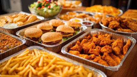 A large assortment of food is displayed on a wooden table featuring burgers fried chicken fries and a fresh salad. Perfect for a festive event or celebration with friends.の素材