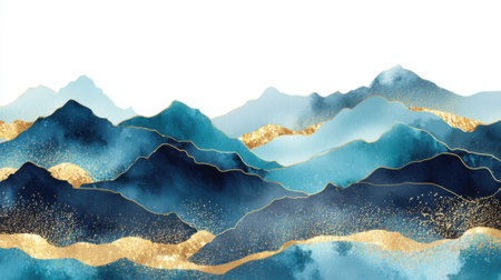 A beautiful mountain landscape features soft blue and gold colors creating a sense of calm and serenity. The flowing lines and gradients emphasize the natural scenery.の素材
