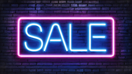 A vibrant neon sign displaying the word sale lights up a dark brick wall. The colorful light creates a lively atmosphere in the night setting.の素材