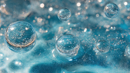 Clear water bubbles rise on a vibrant blue surface creating a magical atmosphere with sparkling reflections under natural light. It captures the beauty of water and air.の素材