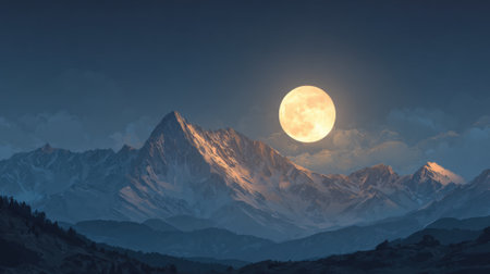 A stunning mountain range is illuminated by a vibrant full moon. The night sky blends in with soft clouds creating an enchanting atmosphere over the mountains.の素材