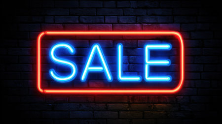 A vivid neon sale sign shines brightly in red and blue on a dark brick wall. The sign announces discounts inviting shoppers to enjoy great deals during the evening hours in a busy location.の素材