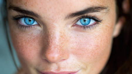 A young woman with striking blue eyes and light freckles is featured in a close-up shot. Her expression exudes confidence and warmth highlighting her unique beauty.の素材