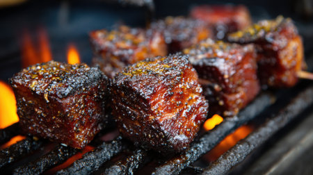 Delicious meat skewers are grilling over glowing coals releasing savory aromas. This lively barbecue scene captures the joy of outdoor cooking and summer festivities.の素材