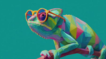A vibrant chameleon with geometric patterns and colorful sunglasses is sitting on a branch. The bright background enhances its unique appearance creating a playful scene.の素材