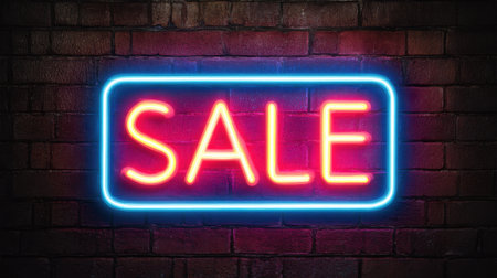 A vibrant neon sign displaying the word sale shines brightly against a dark brick wall. This colorful display is perfect for attracting attention at night in the city.の素材