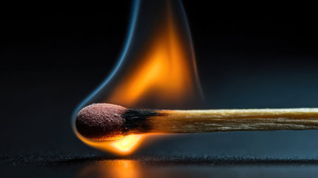 A match strikes against a surface creating a flame that rises prominently. The glow of the fire contrasts with the dark surroundings showcasing the moment of ignition beautifully.の素材