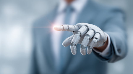 A robotic hand extends towards the viewer showcasing advanced technology in a professional setting. This moment highlights innovation and the merging of machines with business.の素材