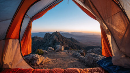 Early morning light fills the sky as a camper enjoys a breathtaking mountain view from inside a cozy tent. The scene captures the essence of adventure and tranquility in nature.の素材
