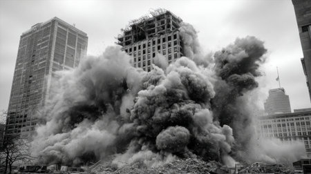 A high-rise building is being demolished in a city sending a massive cloud of dust and debris into the air. The scene captures the power of the blast as structures crumble.の素材
