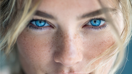 A close-up view of a person with striking blue eyes and delicate freckles on their face. Natural light highlights their features creating an enchanting effect.の素材