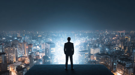A businessman in formal attire stands on a rooftop gazing out at a bustling city skyline illuminated by countless lights in the evening sky. The scene captures a sense of ambition.の素材