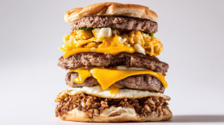 A towering burger features multiple beef patties layered with scrambled eggs and melted cheese. Bright colors make it appetizing ideal for food lovers at lunchtime.の素材