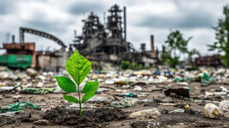 A small green plant grows resiliently in a dirty landscape filled with plastic waste and debris from an abandoned factory. The scene reflects natures persistence despite human impact.の素材