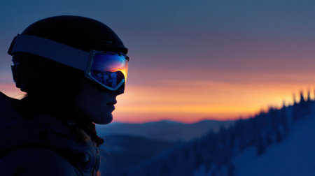 A skier stands on a snow-covered mountain gazing at a stunning sunset. The colorful sky reflects off their goggles as the day turns to night. The moment captures winters beauty and tranquility.の素材