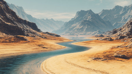 A winding river snakes through a vast desert landscape surrounded by rugged mountains. The bright sunlight casts shadows on the vibrant sandy terrain creating stunning contrasts.の素材