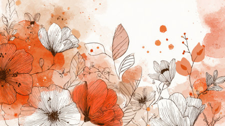 A stunning floral arrangement showcases vibrant orange and white flowers with delicate line drawings. Soft splashes of color enhance the natural beauty perfect for decorative purposes.の素材