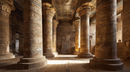 Entering the ancient temple reveals tall carved pillars adorned with intricate hieroglyphs and vibrant murals. Sunlight filters through illuminating the sacred space.の素材