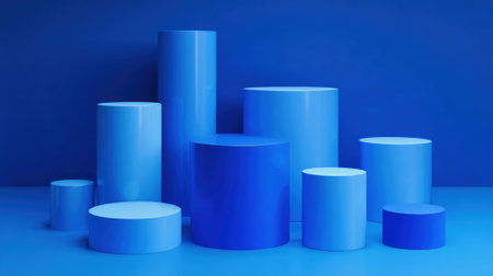 A collection of blue cylindrical and circular shapes is displayed creatively against a solid blue background. The varying sizes and arrangements create a striking visual effect.の素材