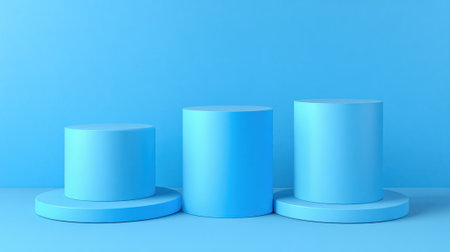 Three blue cylindrical podiums of varying heights are positioned against a solid blue background. The design creates a sleek and minimalistic look suitable for showcasing objects.の素材