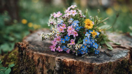 A bouquet of vibrant wildflowers rests atop a tree stump in a lush forest. The flowers include shades of blue pink and yellow beautifully contrasting with the natural surroundings.の素材