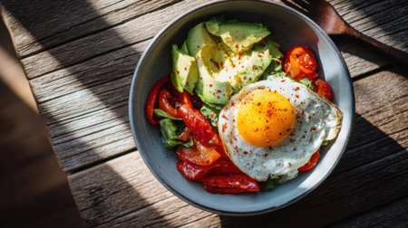 A bowl filled with a sunny side up egg slices of avocado cherry tomatoes and fresh spinach sits on a rustic wooden table. Morning sunlight illuminates the scene beautifully.の素材