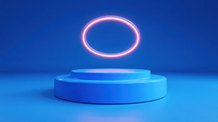 A bright neon ring hovers above a smooth blue circular platform. The background is a solid blue creating a clean and modern atmosphere. This setup evokes feelings of futurism and simplicity.の素材