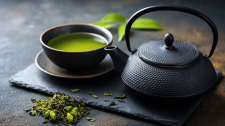 A cast iron teapot sits beside a bowl of vibrant green tea on a textured slate surface. Fresh tea leaves complement the serene calming setup.の素材