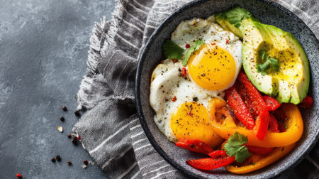 A delicious bowl features perfectly cooked eggs creamy avocado and vibrant bell peppers. Fresh herbs add flavor to this nutritious morning meal. Enjoyed at home or a caf for breakfast.の素材