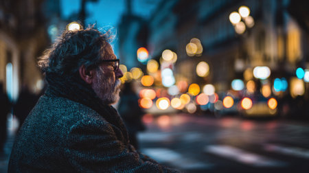 A man with glasses and gray hair stands on a city street during evening twilight. The background features blurred lights from shops and vehicles creating a lively atmosphere.の素材