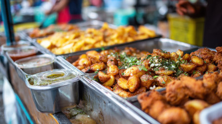 People enjoy a bustling street food market where vendors serve an array of fried dishes. The colorful display includes crispy snacks and flavorful sauces creating a vibrant experience.の素材