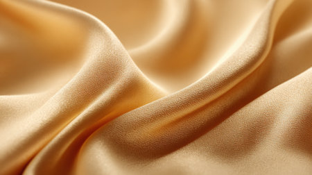 The soft golden fabric flows in gentle waves showing its smooth texture. The warm light enhances the rich hue and subtle sheen of the cloth.の素材