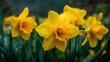 Bright yellow daffodils bloom in a lush green field showcasing their stunning petals against a backdrop of rolling hills during the sunny spring season.の素材