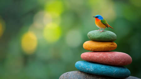 A vibrant bird with a blue head and orange chest sits on a stack of colorful stones outdoors. The background is blurred with green and yellow hues creating a peaceful atmosphere.の素材