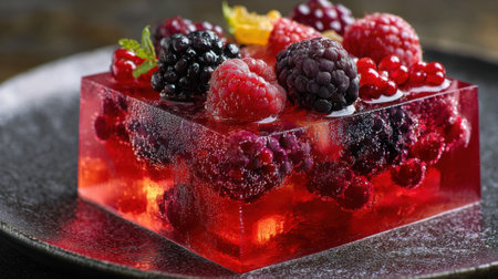 A vibrant fruit jelly dessert showcases an array of fresh berries including raspberries blackberries and currants. The jelly glistens in the light creating an inviting treat.の素材