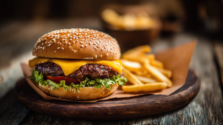 A freshly made cheeseburger sits on a wooden plate next to crispy golden fries. The burger features a sesame seed bun juicy beef patty melted cheese lettuce and tomato.の素材