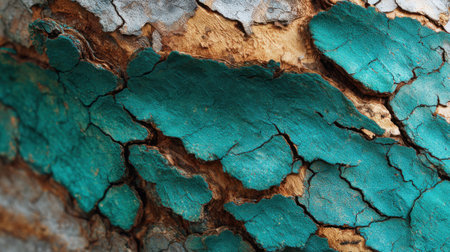 Close-up view shows turquoise bark on a tree highlighting unique cracks and patterns. This vibrant color contrasts with the natural brown hue of the wood showing natures artistry.の素材