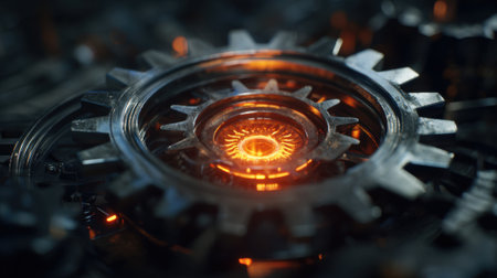 Gears interlock to create a complex mechanism featuring a bright glowing center that illuminates the surrounding metallic parts. The scene showcases engineering elegance at dusk.の素材
